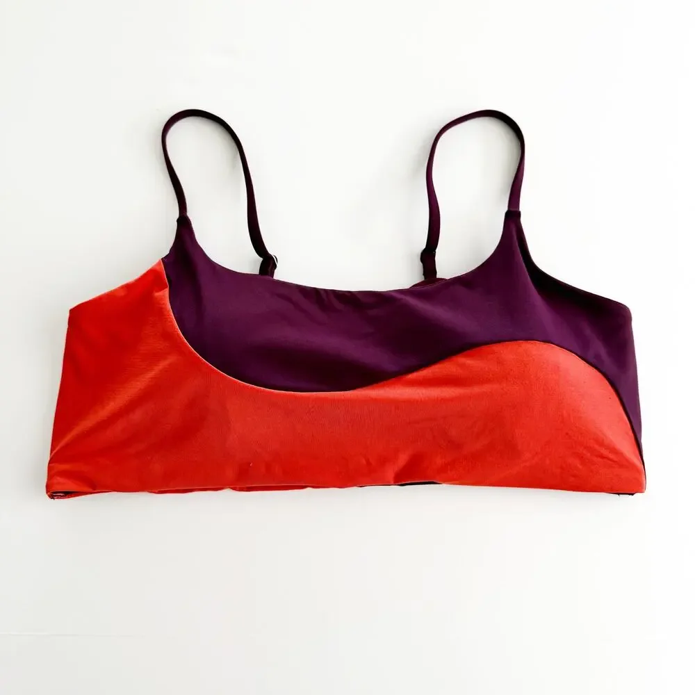 [Athleta] Orange Purple Asymmetrical Colorblock Scoop Neck Bikini Top Size XL